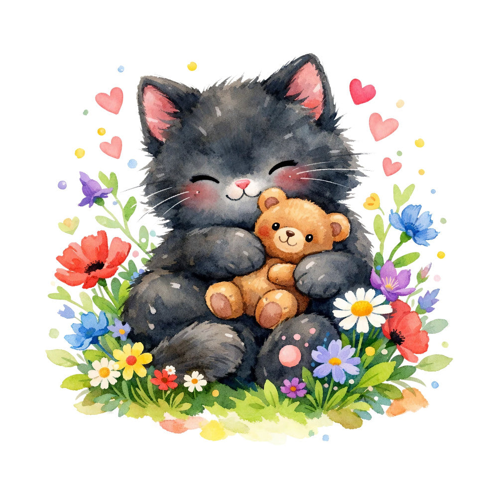 charcoal gray, dusty rose, coral pink, golden yellow, soft blue, lavender purple, cream white, dark gray cat, teddy bear, floral, hearts, daisies, poppies, wildflowers, botanical, whimsical, cute animals, playful, sweet, gentle, spring, summer, baby, children, adorable, nurturing, nature themed, garden, soft watercolor, delicate illustration