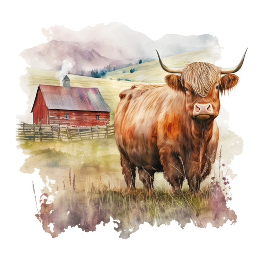 Watercolor Highland Cows Fabric Panel 4 featuring detailed illustration of a Highland cow with a rustic barn and misty hills in background.