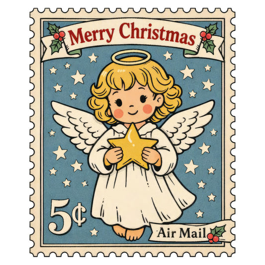 merry christmas, angel, vintage christmas, cream white, sky blue, golden yellow, stars, celestial, holiday, christmas, air mail, halo, wings, whimsical, retro, traditional christmas, festive, angelic, nostalgic, mid-century, charming, religious, spiritual, postage stamp, decorative, seasonal, winter, greeting card style, cherub, classic christmas
