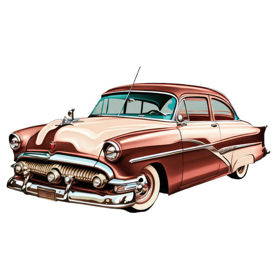 vintage car, 1950s automobile, classic car, retro vehicle, two-tone car, cream and burgundy, rust red, burnt orange, turquoise blue, cream beige, chrome details, vintage automotive, mid-century modern, nostalgia, americana, transportation theme, classic automobile, car enthusiast, vintage transportation, retro style, elegant vintage, traditional design, decorative panel, wall art fabric, quilt panel, home decor, collectible cars