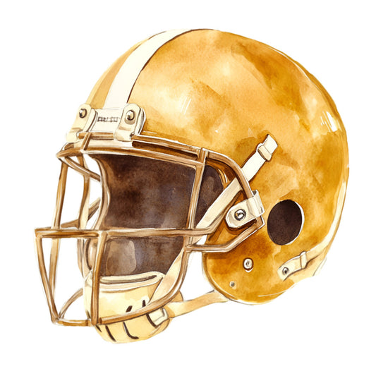 gold football helmet, gold, cream, tan, bronze, sports, football, athletic, masculine, vintage, americana, americana sports, sports equipment, football gear, protective gear, helmet illustration, detailed illustration, realistic, sports themed, fall sports, game day, team spirit, sports fan, football season, classic sports, retro sports, varsity style, college football, professional sports