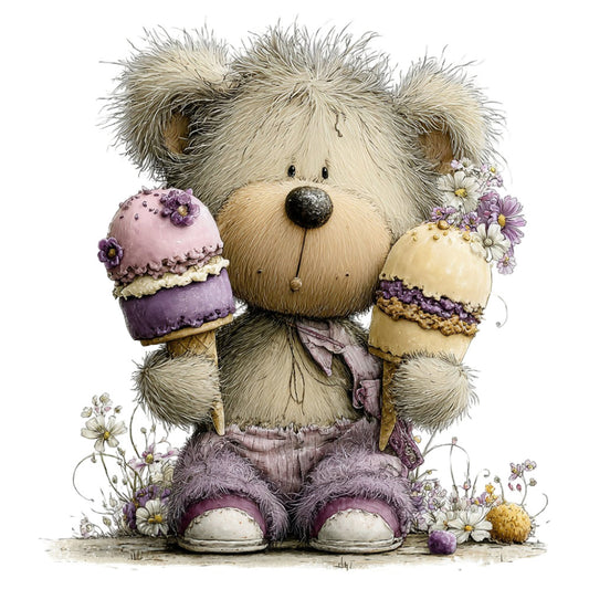 teddy bear, purple, cream, lavender, whimsical, cute animals, ice cream, flowers, daisies, floral, sweet, children's, baby, pastel colors, soft colors, charming, storybook, illustration, vintage style, spring, summer, nature, decorative, panel fabric, nursey, girl's fabric, soft pastels, macarons, dessert theme