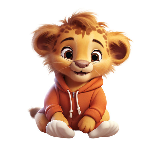 lion cub, orange hoodie, golden yellow, brown fur, cute animal, cartoon style, sitting pose, children's fabric, quilting panel, cozy pajamas, adorable character, warm colors, soft illustration, nursery theme, playful design, fabric square, cotton panel, kids decor, whimsical art