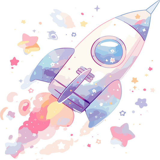 rocket, space, celestial, stars, clouds, whimsical, pastel pink, lavender, soft purple, sky blue, pale yellow, coral pink, soft gradient, children's, nursery, baby, fantasy, adventure, dreamy, magical, modern, playful, cosmic, shooting stars, gender-neutral, space exploration, cloud motifs, star motifs, soft colors, charming