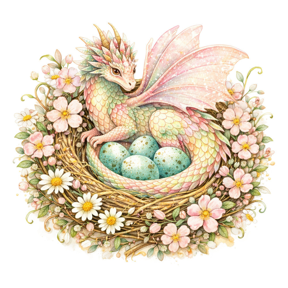 pastel pink, cream, soft green, pale yellow, dusty rose, sage green, turquoise, whimsical, fantasy, dragon, eggs, floral, daisies, flowers, nature, spring, Easter, magical, storybook, gentle, soft, delicate, botanical, cottage core, nursery, baby, children's, enchanted, mythical creature, nest