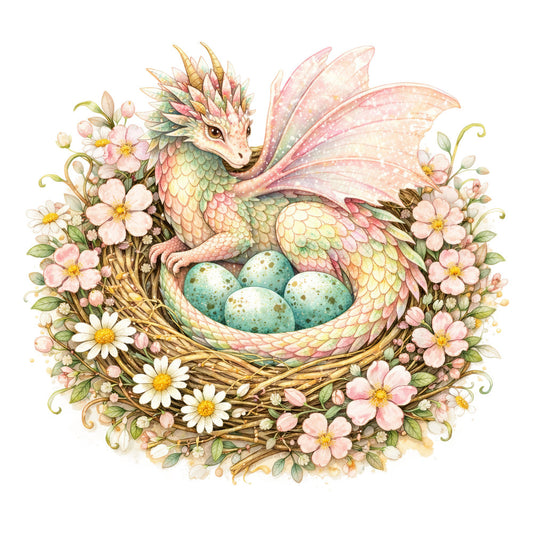 pastel pink, cream, soft green, pale yellow, dusty rose, sage green, turquoise, whimsical, fantasy, dragon, eggs, floral, daisies, flowers, nature, spring, Easter, magical, storybook, gentle, soft, delicate, botanical, cottage core, nursery, baby, children's, enchanted, mythical creature, nest