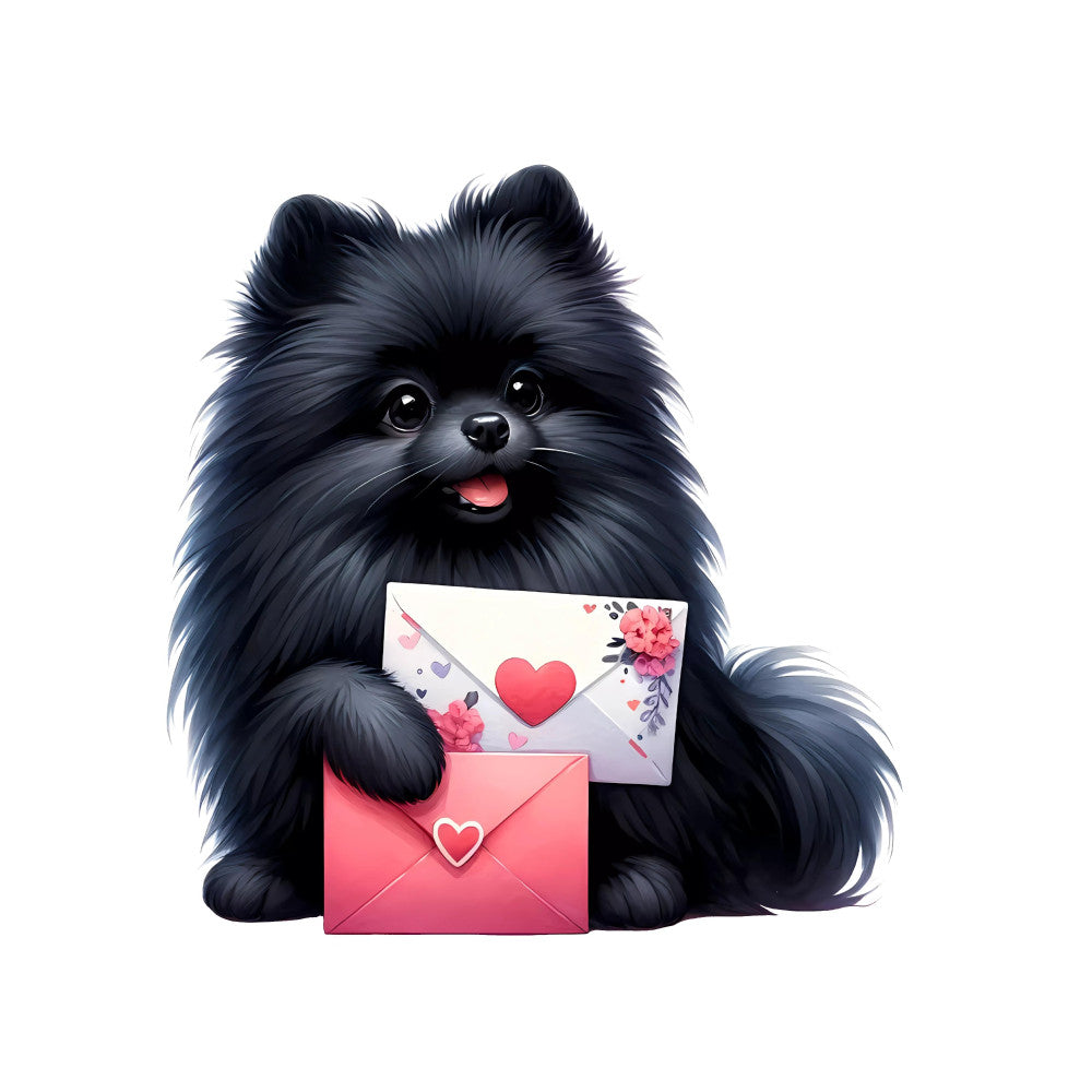 black fluffy dog, pomeranian, cute animals, love letters, hearts, pink envelopes, floral design, romantic, whimsical style, animal lovers, dog themed, valentine's day, love theme, pink and white, black and pink, playful, cheerful, greeting card design, children's fabric, adorable pets, sweet sentiment, decorative letters, heart motifs, fluffy fur texture, joyful expression, spring colors, gift themed, friendship, affection, pet lovers