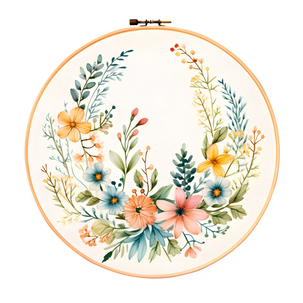 embroidery hoop, floral wreath, wildflower, peach, coral pink, dusty blue, sage green, golden yellow, cream, botanical, nature, vintage, whimsical, cottage core, spring, summer, delicate flowers, daisies, cosmos, baby's breath, ferns, leaves, romantic, elegant, garden theme, wall hanging, embroidery design, hand-painted style, boho, natural