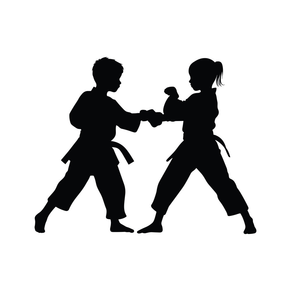 martial arts, karate, children, kids, sports, silhouette, black, monochrome, action, dynamic, boy girl, friendship, teamwork, exercise, fitness, fighting, combat sport, judo, traditional, asian, discipline, active wear, youth, playful, contemporary, graphic, minimalist, modern, instructional