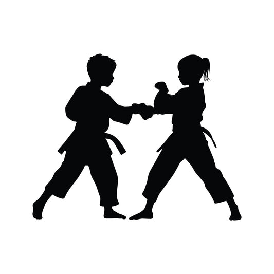 martial arts, karate, children, kids, sports, silhouette, black, monochrome, action, dynamic, boy girl, friendship, teamwork, exercise, fitness, fighting, combat sport, judo, traditional, asian, discipline, active wear, youth, playful, contemporary, graphic, minimalist, modern, instructional
