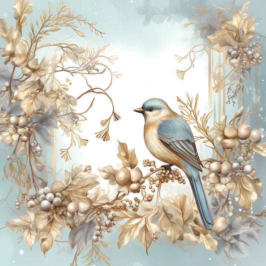 Light Blue and Gold Christmas Fabric Panel 26