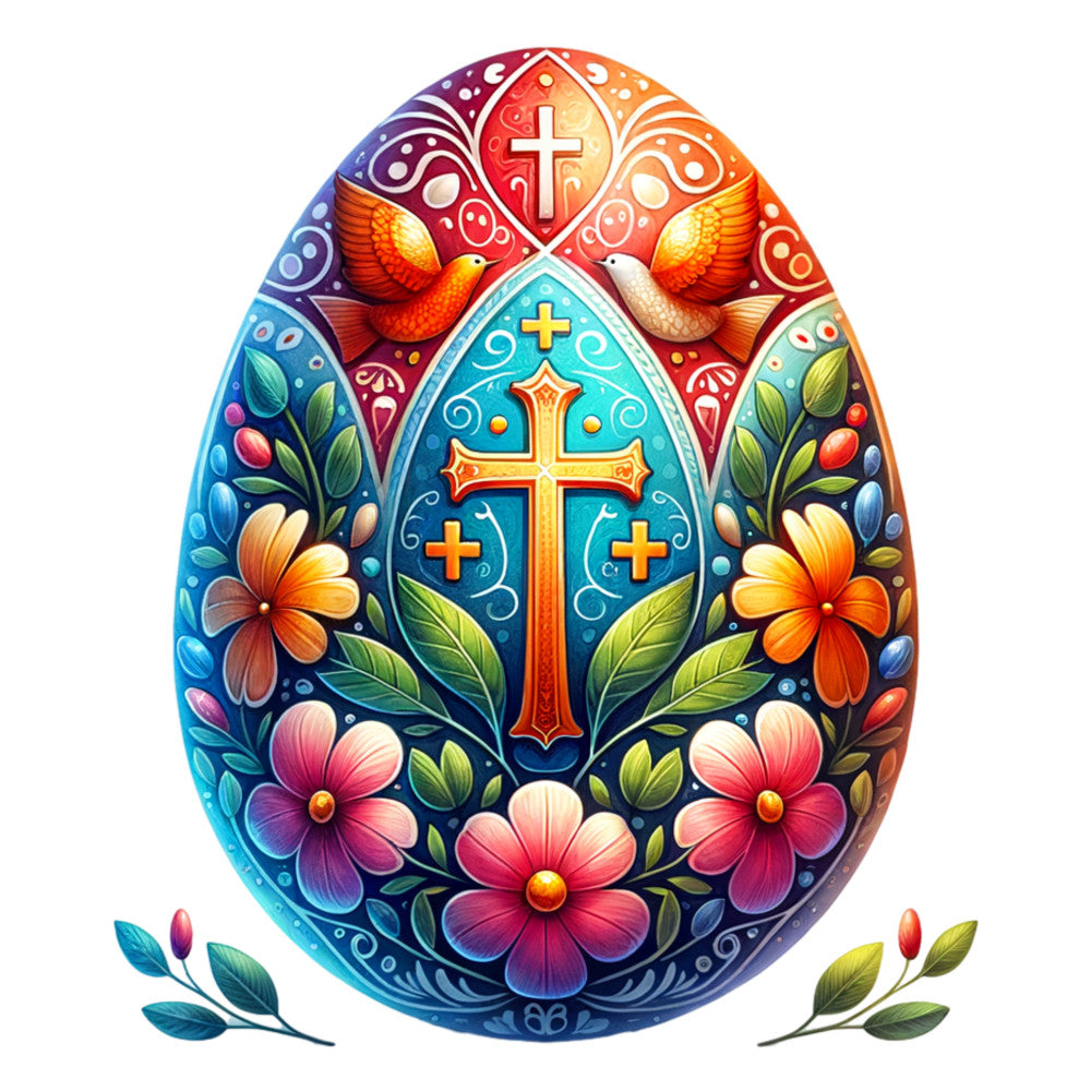 watercolor, easter egg, christian cross, dove, floral motifs, vibrant colors, orange, blue, purple, red, turquoise, fabric panel, quilting cotton, spring flowers, religious symbolism, ornate design, folk art style, decorative birds, botanical elements, easter theme