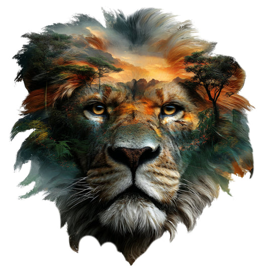 lion, wildlife, safari, double exposure, golden hour, sunset, landscape, forest, acacia trees, savanna, nature, animals, big cats, feline, majestic, noble, strength, power, amber eyes, golden brown, cream, forest green, rust orange, warm tones, earth tones, artistic, contemporary, bohemian, wall art, home decor
