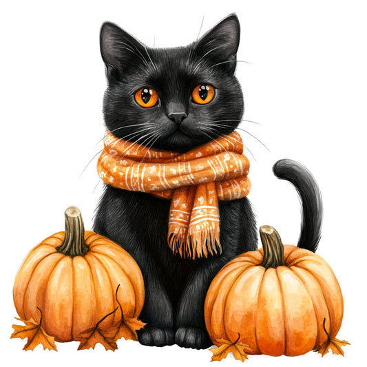 black cat, orange pumpkin, autumn, fall, halloween, orange scarf, golden yellow eyes, seasonal, holiday, whimsical, cute animals, cat lover, pumpkin patch, harvest theme, thanksgiving, cozy fall, decorative, festive, rustic charm, folk art style, woodland, orange and black, burnt orange, striped scarf, patterned scarf, wall hanging, home decor, seasonal decoration