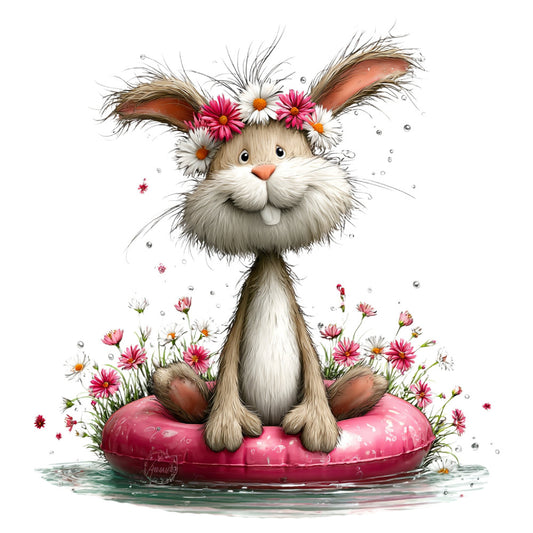 whimsical bunny, cute rabbit, spring flowers, pink daisies, floral design, pastel colors, cream white, dusty rose, coral pink, sage green, animal theme, nature inspired, garden flowers, cheerful design, children's fabric, baby quilt, nursery decor, playful style, daisy flowers, bunny illustration, floating flowers, water droplets, magical theme, sweet animals, springtime, easter bunny, cottage core, whimsy, gentle colors, soft palette