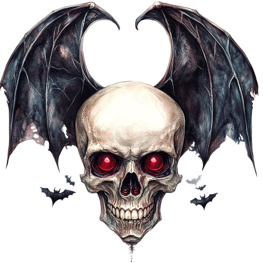 skull with wings, gothic, dark fantasy, halloween, bat motif, red glowing eyes, demon wings, bone white, charcoal black, dark purple, spooky, horror, macabre, dark art, supernatural, evil, skeletal, winged creature, flying bats, creepy, goth style, dark aesthetic, alternative, edgy, metal band, halloween decor, wall hanging, dark apparel, sinister