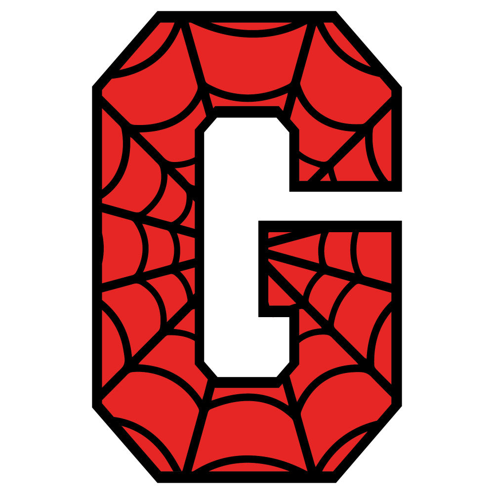 red, black, white, spider web pattern, alphabet letter g, superhero theme, comic book style, fabric panel, quilting cotton, geometric design, web motif, bold colors, crafting material, sewing project, children's fabric, hero inspired, graphic pattern, applique design