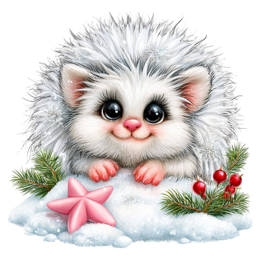 white fluffy cat, gray and white, coral pink, black eyes, pink nose, pink paws, cute animal, whimsical, fantasy creature, holiday, christmas, winter, snow, evergreen branches, red berries, pink starfish, festive, playful, children's, baby, nursery, magical, enchanted, seasonal, winter wonderland, snow scene, decorative panel, wall art, novelty print, character design