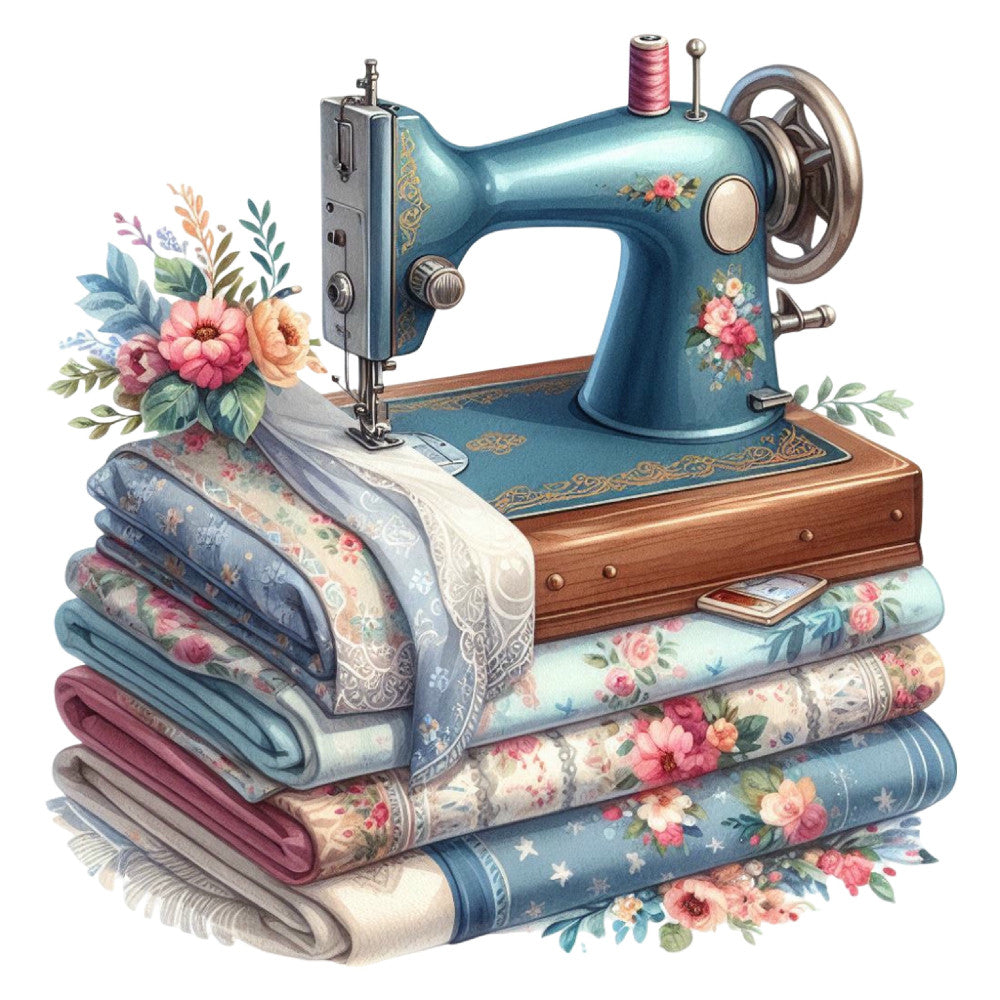 vintage sewing machine, teal blue, dusty rose, cream, floral, roses, botanical, vintage style, retro, nostalgic, elegant, traditional, cottage core, sewing themed, flowers and leaves, blush pink, sage green, ornamental details, decorative, classic, timeless, sewing room decor, crafting, needle and thread, fabric bundles, romantic, feminine, spring florals, garden inspired