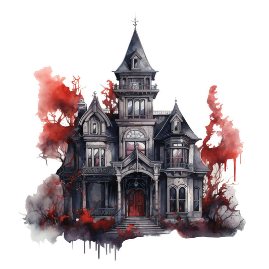 haunted house, gothic, dark academia, victorian mansion, spooky, halloween, crimson red, deep gray, charcoal, burgundy, watercolor, architectural, horror, eerie, creepy, moody, dark fantasy, macabre, vintage gothic, dramatic, mysterious, elegantly spooky, autumn, horror theme, grunge aesthetic, ink wash effect, haunting, supernatural, wall art