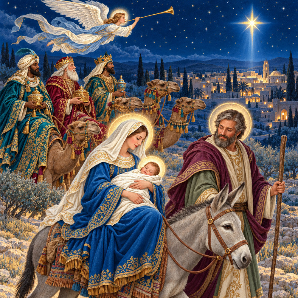 nativity, christmas, religious, angel, three wise men, magi, bethlehem, gold, royal blue, deep red, burgundy, cream, celestial, star of bethlehem, nativity scene, holiday, winter, traditional, elegant, spiritual, cultural, middle eastern, landscape, camels, horses, donkey, ornate, decorative, wall hanging, christmas quilt