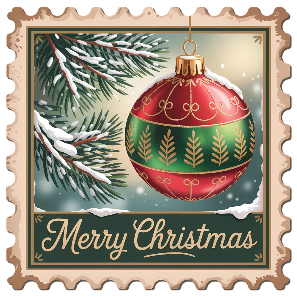 Vintage Christmas Stamps Fabric Panel 8 featuring a detailed holiday ornament and snowy pine branches with Merry Christmas text.