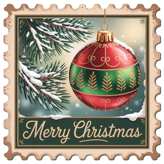 Vintage Christmas Stamps Fabric Panel 8 featuring a detailed holiday ornament and snowy pine branches with Merry Christmas text.