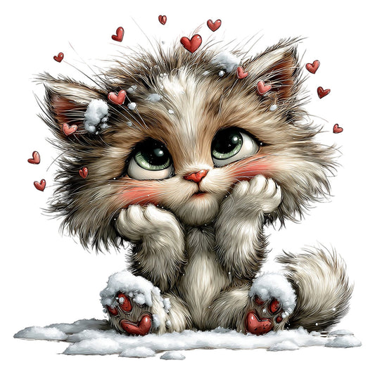 fluffy cat, whimsical animals, cute cat face, red hearts, snow, winter, cat lover, playful, charming, adorable, brown and white, cream colored, forest green eyes, heart motifs, festive, love themed, cozy, kawaii style, illustration, detailed artwork, animal lover, holiday, romantic, sweetheart, valentines day, children's fabric, baby friendly, modern whimsical, furry friends