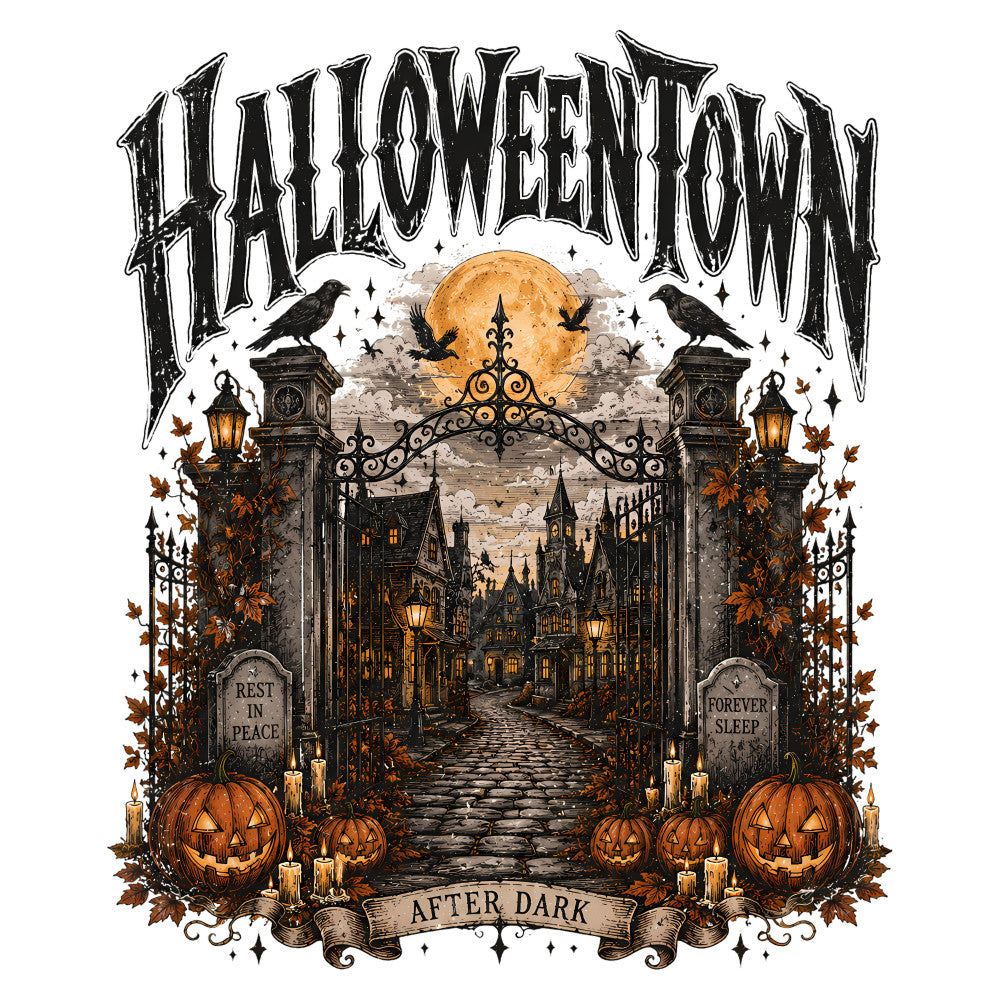 halloween, autumn, fall, orange, black, cream, gold, gothic, haunted house, pumpkins, jack-o-lantern, gravestone, cemetery, spooky, dark, creepy, ravens, crows, moon, full moon, lanterns, candles, leaves, ivy, twisted gate, ornate, vintage, whimsical, after dark, seasonal