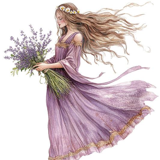 lavender, purple, mauve, dusty rose, gold accents, daisy, floral, nature, whimsical, elegant, romantic, fantasy, ethereal, woman portrait, figure illustration, long flowing hair, spring, summer, goddess, mythological, dreamy, watercolor style, botanical, lavender flowers, dress detail, ornate, vintage inspired, bohemian, decorative panel, art print