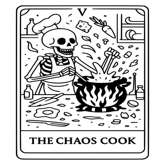 skeleton, tarot card, witchy, halloween, spooky, dark humor, cooking, kitchen, cauldron, bones, occult, gothic, black and white, monochrome, whimsical, humorous, novelty, alternative, edgy, mystical, supernatural, magical, home decor, wall hanging, fabric panel, horror themed, darkly comic, vintage inspired, mysticism, potion brewing
