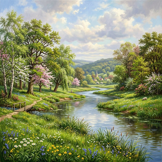 landscape, scenic, pastoral, countryside, rolling hills, river, stream, spring, nature, trees, flowering trees, cherry blossoms, pink blossoms, wildflowers, meadow, green, sage green, sky blue, white flowers, yellow flowers, blue flowers, traditional, peaceful, tranquil, cottage, rural, idyllic, english countryside, romantic, wall hanging