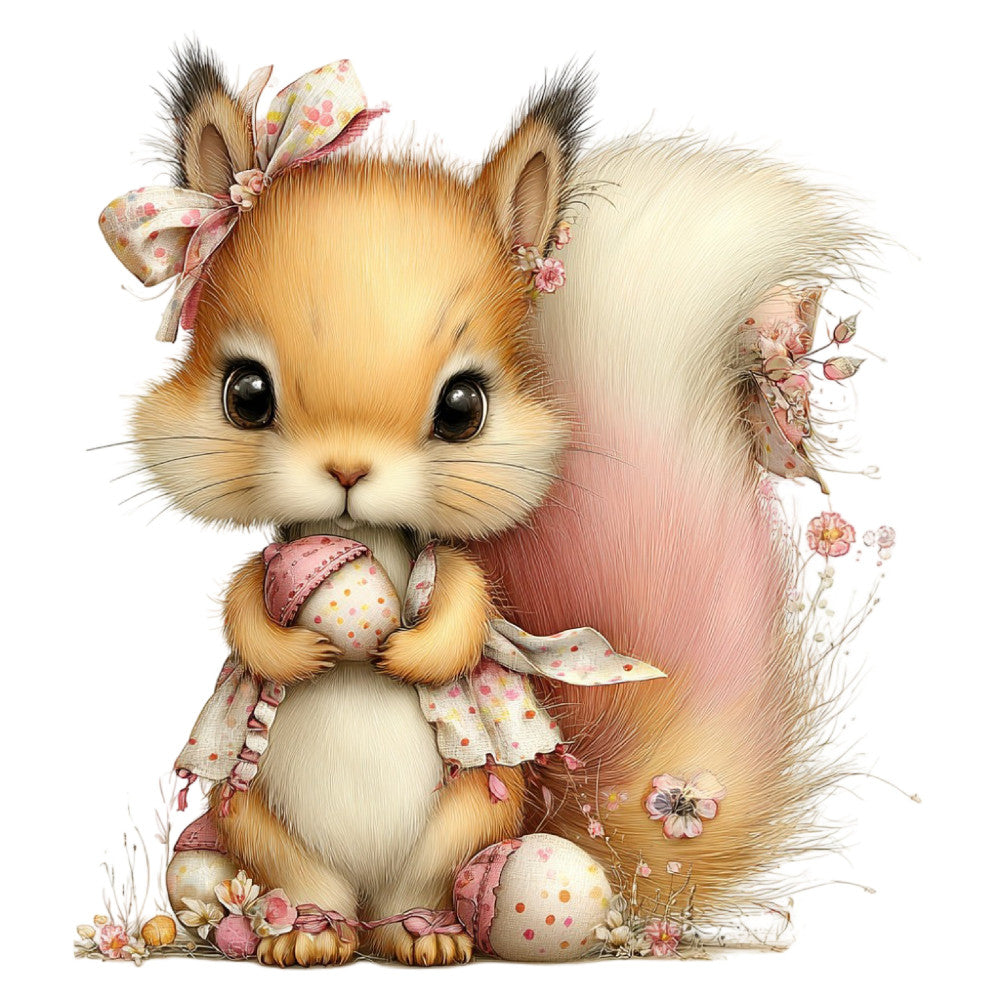 cute squirrel, woodland animal, spring, pastel pink, cream, soft tan, apricot, floral, flowers, whimsical, sweet, playful, nature, forest theme, baby quilt, children's fabric, nursery, bows, ribbons, delicate, feminine, vintage inspired, cottage core, decorated animals, spring flowers, easter, sweet animal art, adorable creature