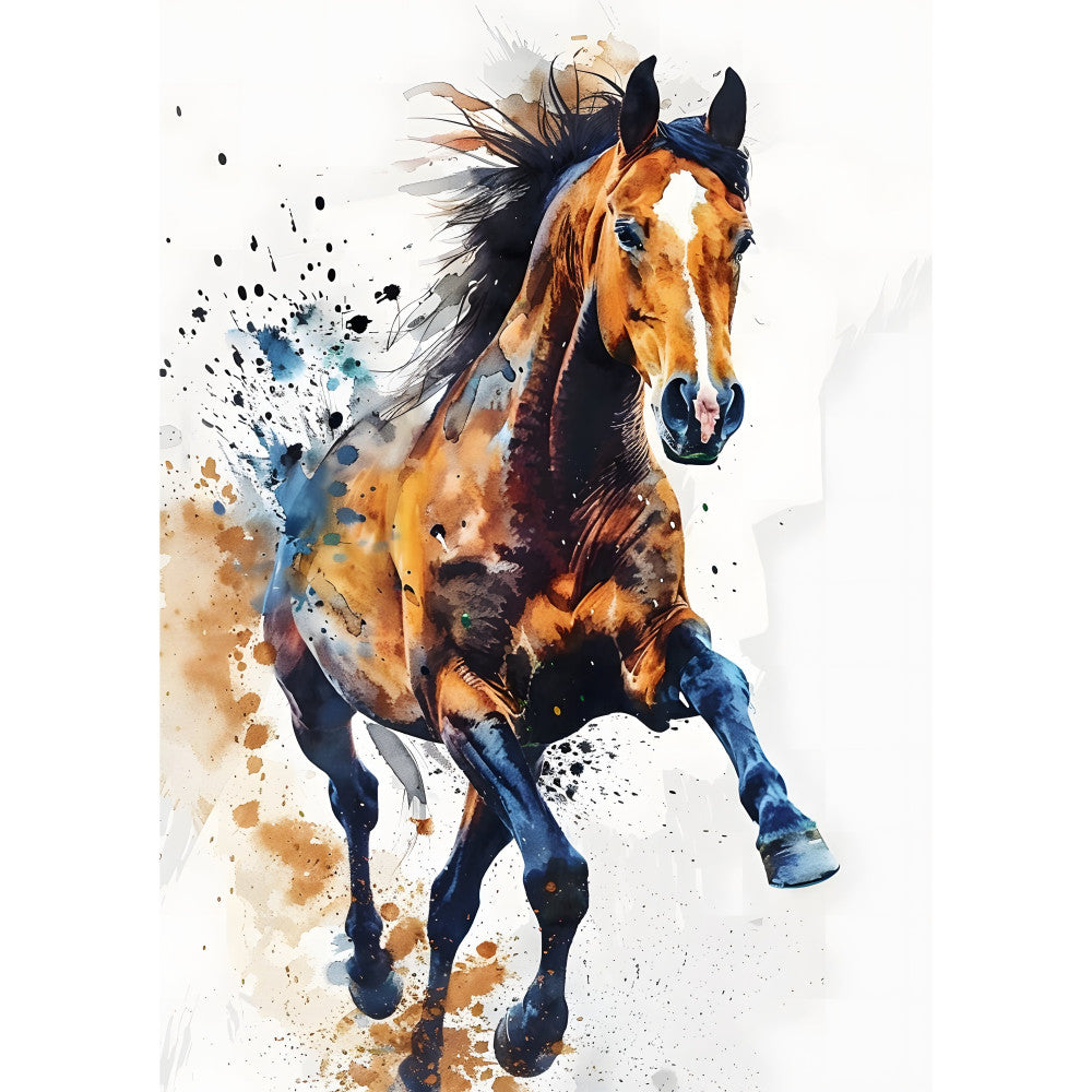 horse, equestrian, watercolor, abstract, splatter, bay horse, chestnut, brown, tan, gold, navy blue, dark blue, black, white, artistic, modern, dynamic, animal art, ink splatter, impressionist, contemporary, equine, stallion, running horse, movement, energy, neutral tones, artistic animals, statement piece