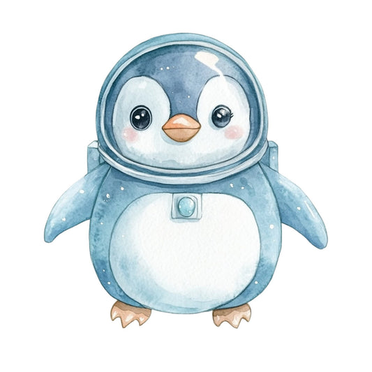 astronaut penguin, blue, white, cream, tan, bronze, ice blue, sky blue, space theme, celestial, whimsical, cute, kawaii, animal, bird, penguin, winter, arctic, adventure, explorer, astronaut suit, helmet, nursery, baby, children's, playful, charming, gentle, soft, adorable