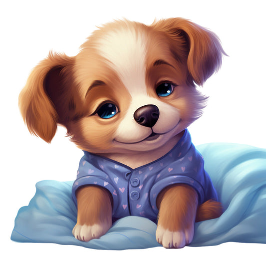 puppy, dog, pajamas, sleepwear, blue fabric, light blue, brown fur, white markings, cute animals, children's fabric, quilting panel, cotton panel, nursery theme, baby blanket, soft colors, pastel tones, adorable puppy, fabric square, animal illustration, cozy theme