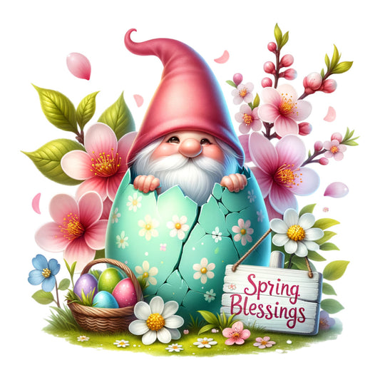 easter gnome, fabric panel, spring flowers, pastel colors, pink hat, white beard, turquoise egg, floral motifs, cherry blossoms, easter eggs, wicker basket, garden gnome, whimsical illustration, spring theme, decorative flowers, quilting cotton, craft panel, seasonal design, soft pastels, blooming branches
