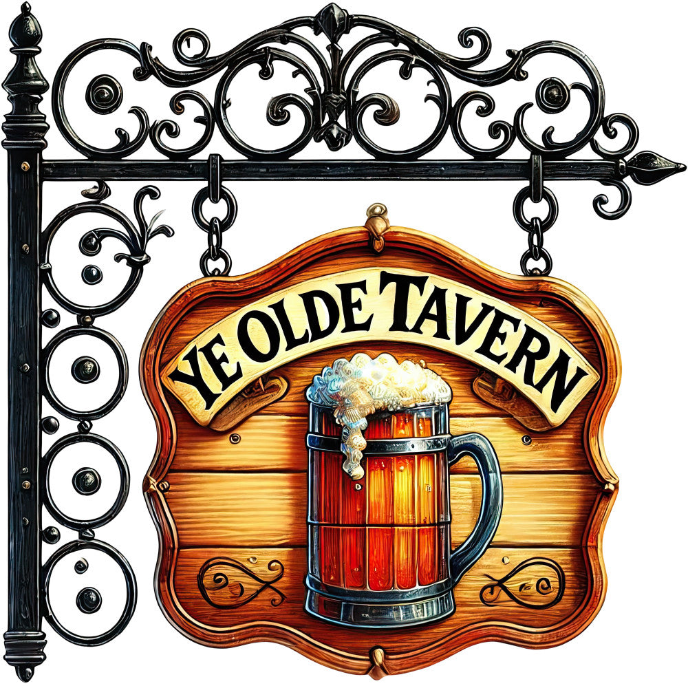 tavern sign, beer mug, wrought iron, black metalwork, amber wood grain, foaming beer, colonial style, pub theme, ornate scrollwork, warm browns, golden yellow, red amber, vintage illustration, fabric panel, quilting cotton, decorative ironwork, hanging sign, brewing theme, wooden barrel mug, craft beer