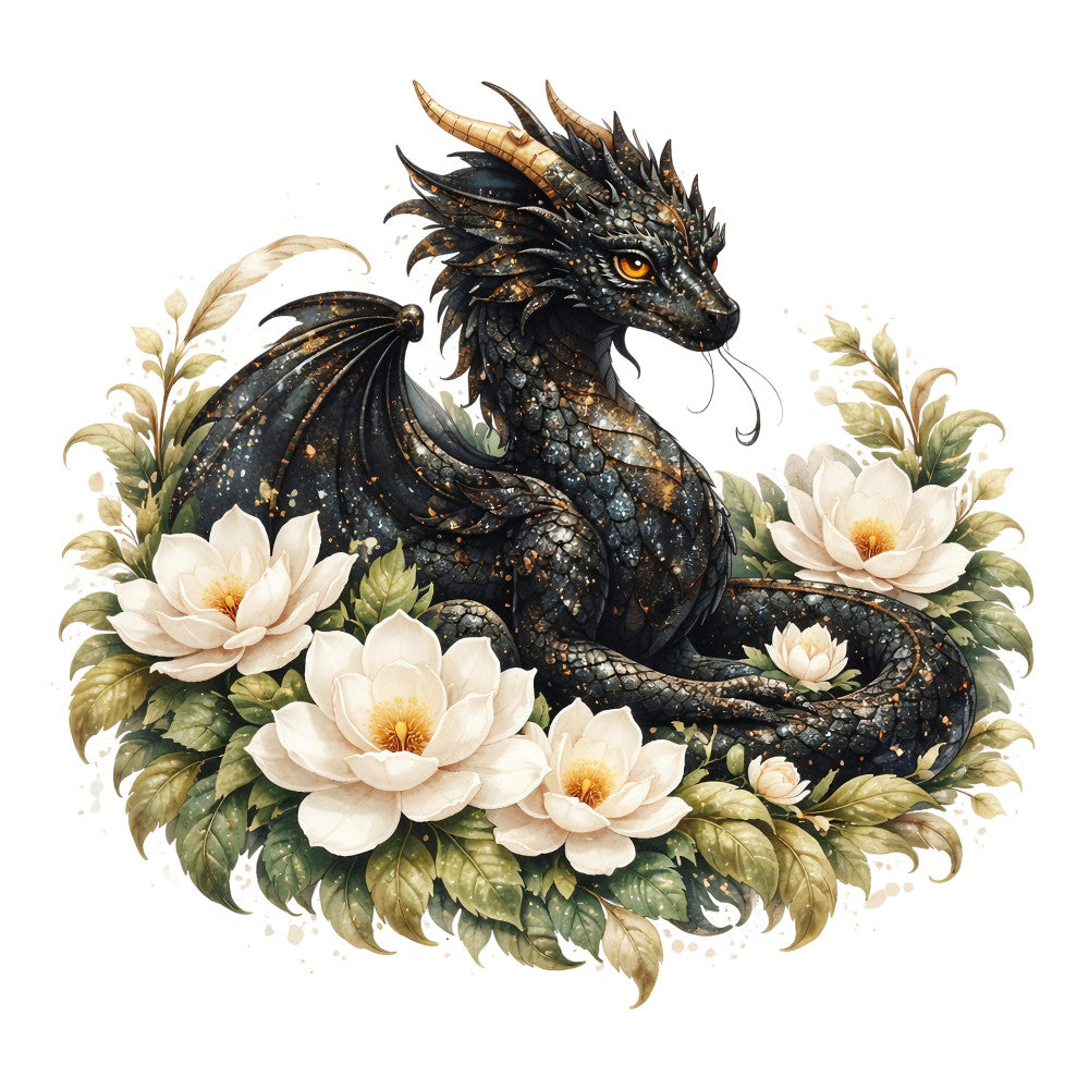 black dragon, gold accents, cream flowers, white flowers, peach center, sage green leaves, fantasy, whimsical, elegant, botanical, floral, nature, mythical creatures, dragon motif, ornamental, detailed, decorative, romantic, dark academia, magical, cottage core, vintage botanical, artistic, illustration, delicate florals, gold metallic, dark fantasy, ethereal, storybook, enchanted garden