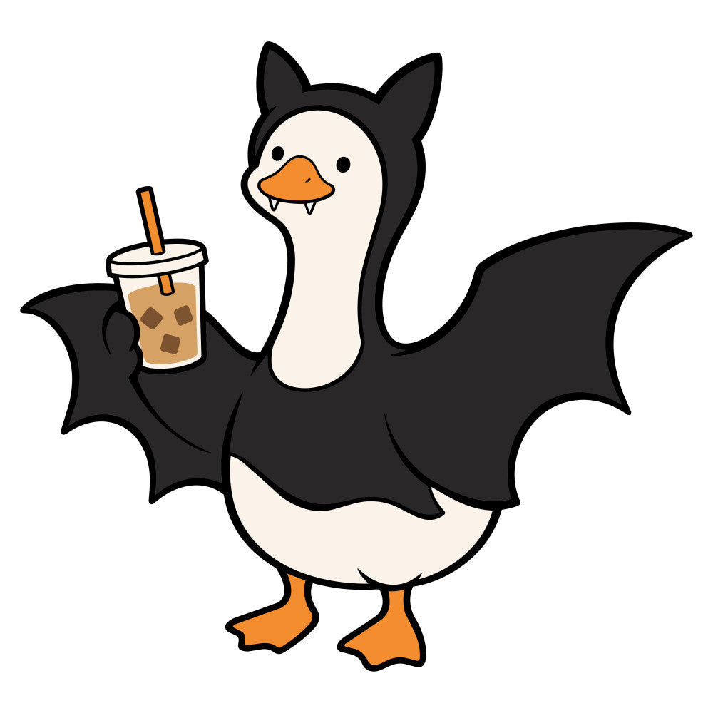 bat wing duck, black and cream, orange beak, whimsical animals, halloween, spooky, cute bird, iced coffee drink, funny animal, playful theme, modern whimsical, children's fabric, novelty print, animal character, cream and black, orange feet, vampire duck, quirky design, fun and festive, seasonal halloween, trick or treat, bat wings, adorable creatures, cartoon style, contemporary whimsical, holiday themed, autumn spooky, black wings, cream colored body