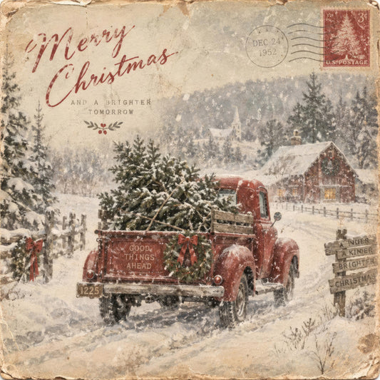 vintage christmas, red truck, snowy landscape, evergreen trees, winter scene, holiday postcard, rustic farmhouse, cream beige, barn red, forest green, nostalgic, retro, christmas trees, country cottage, winter wonderland, traditional holiday, vintage truck, snow-covered, festive, classic christmas, country style, antique aesthetic, weathered, warm rustic, seasonal, 1950s, picturesque winter, holiday greeting, timeless