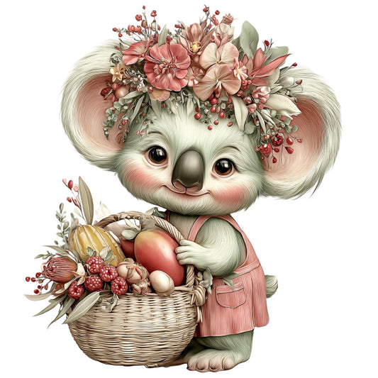cute koala, floral crown, whimsical animals, pastel pink, cream white, dusty rose, coral pink, sage green, woodland creatures, nature inspired, baby quilt, nursery decor, spring flowers, berry motifs, romantic style, cottage core, illustrated animals, sweet and gentle, Easter theme, gift basket, decorative panel, children's fabric, soft pastels, botanical elements, character design, storybook illustration, feminine style, wall hanging, baby nursery, springtime theme