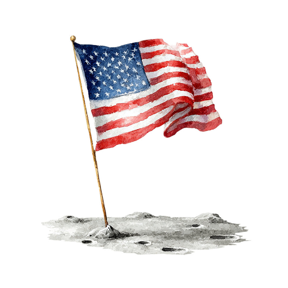 american flag, patriotic, stars, red white blue, navy blue, stripes, moon landing, space, celestial, vintage, traditional, americana, fourth of july, independence day, memorial day, veterans day, flag pole, gold finial, historic, iconic, nostalgia, classic, bold, symbolic, wall hanging, home decor, national pride