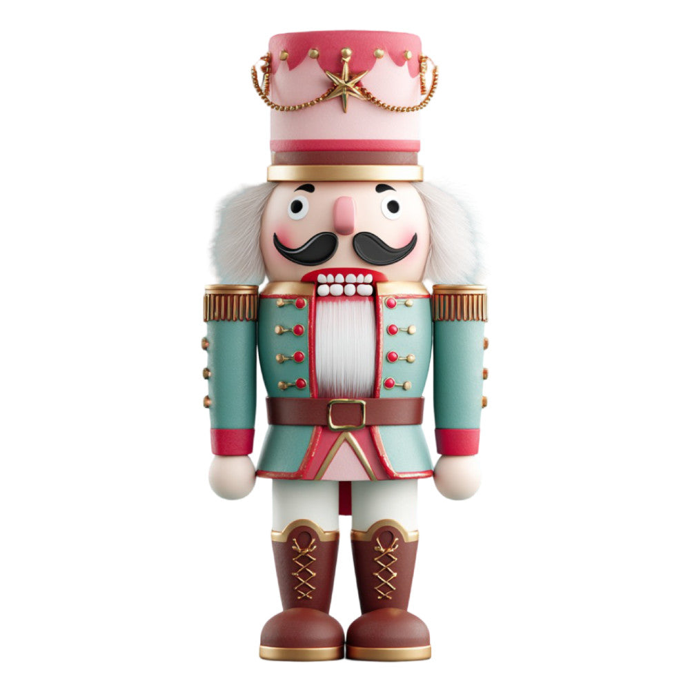 nutcracker, holiday, christmas, toy soldier, vintage, whimsical, festive, teal, coral pink, cream, burgundy, gold, decorative, traditional, nostalgic, children, nursery, winter, seasonal, military uniform, formal wear, character, iconic, classic, enchanted, magical, playful, elegant, retro, timeless