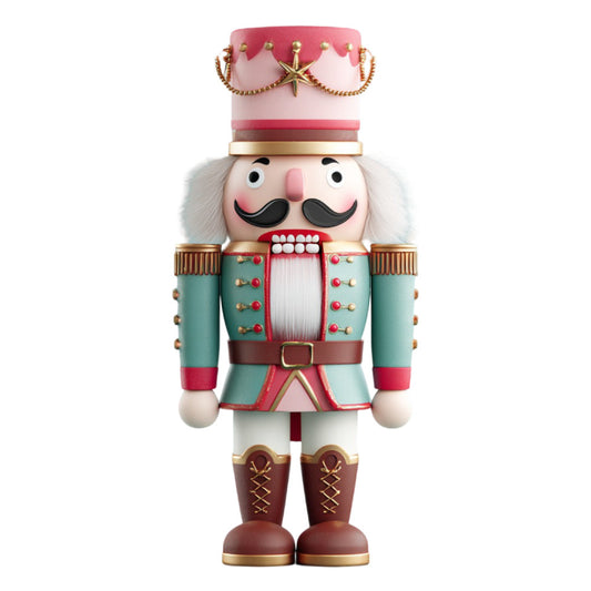 nutcracker, holiday, christmas, toy soldier, vintage, whimsical, festive, teal, coral pink, cream, burgundy, gold, decorative, traditional, nostalgic, children, nursery, winter, seasonal, military uniform, formal wear, character, iconic, classic, enchanted, magical, playful, elegant, retro, timeless