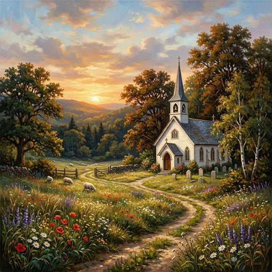 pastoral landscape, countryside church, white steeple, rolling hills, golden sunset, autumn foliage, wildflower meadow, grazing sheep, rural farmland, vintage americana, traditional landscape, peaceful scenery, nature scene, cottage core, rustic charm, warm golden tones, sage green, cream white, burnt orange, purple wildflowers, red poppies, white daisies, wooden fence, mountain vista, spiritual, religious motif, scenic valley, nostalgic, wall hanging, large panel print