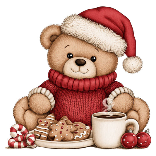 teddy bear, christmas, holiday, red, cream, beige, tan, brown, festive, whimsical, cute, gingerbread man, candy cane, hot chocolate, cozy, winter, santa hat, sweater, seasonal, children's, playful, vintage style, warm tones, decorative, gift-giving, warm and fuzzy, nursery, baby quilt, wall hanging, storybook