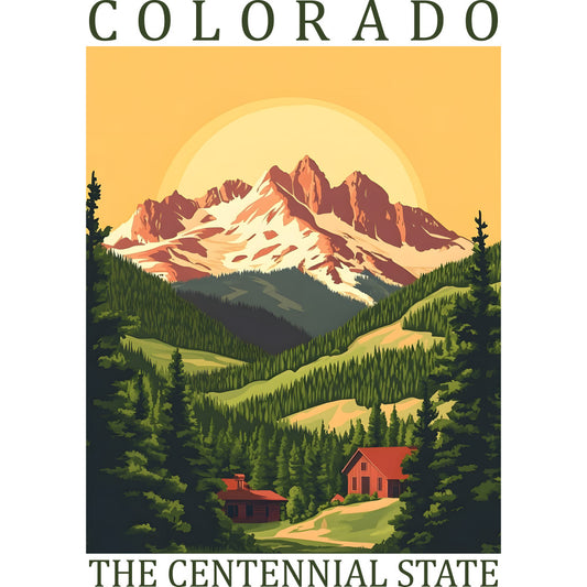 colorado poster, mountain landscape, snow-capped peaks, golden sunset, orange sky, evergreen forest, red cabin, fabric panel, quilting cotton, vintage travel poster, alpine scenery, pine trees, rolling hills, centennial state, nature scene, outdoor adventure, rustic charm, wilderness design, warm earth tones, scenic vista