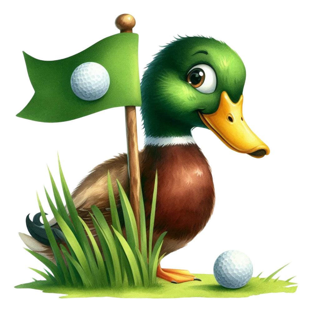 golf, sports, animals, duck, mallard, green, yellow, gold, brown, white, whimsical, cartoon, playful, nature, golf ball, flag, grass, outdoor, fun, children, kids, character, humorous, lighthearted, summer, spring, nursery, novelty, themed panel