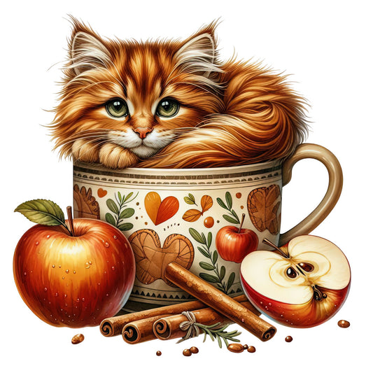 orange tabby cat, fluffy cat, autumn, fall, apples, cinnamon sticks, apple harvest, warm colors, burnt orange, cream, rust, forest green, sage green, heart motifs, leaves, botanical, rustic, vintage, cozy, farmhouse, whimsical, cute animals, nature, seasonal, warm tones, decorative mug, folk art style, traditional, thanksgiving, autumn harvest